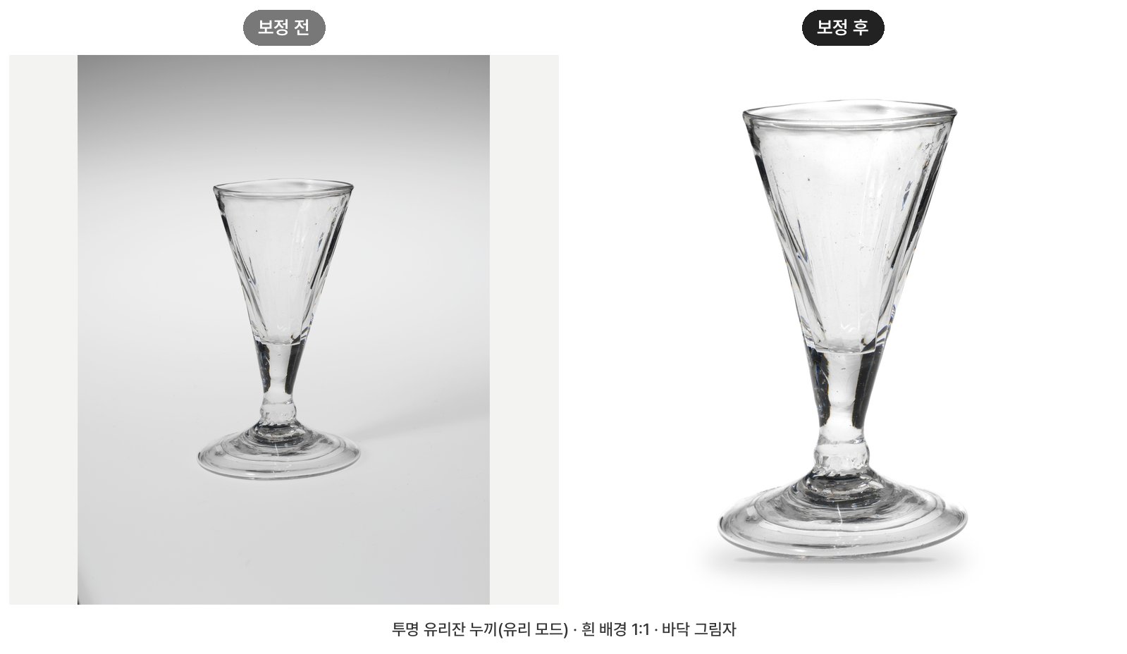 제품 사진 배경 지우기 견본 — 투명 유리잔 → 흰 배경 1:1 + 바닥 그림자 (공개 사진으로 만든 견본 · 고객 사진 아님)