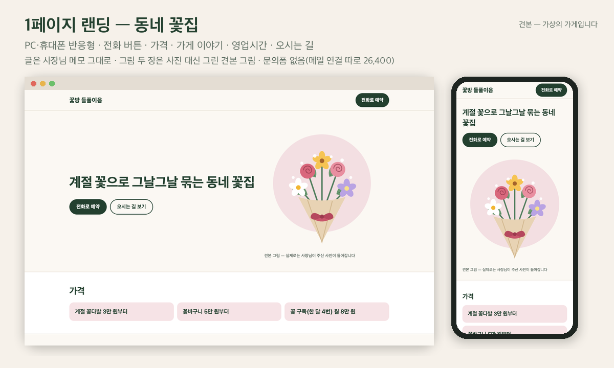 1페이지 랜딩 견본 — 가상의 동네 꽃집 · 전화로 예약 버튼 · 실제 고객 작업 아님