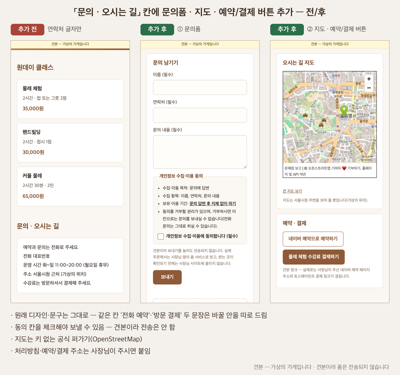 문의폼·지도·예약/결제 버튼을 붙이기 전·후 세 단 비교(휴대폰) — 가상 가게 · 전화번호 가림 · 실제 고객 작업 아님